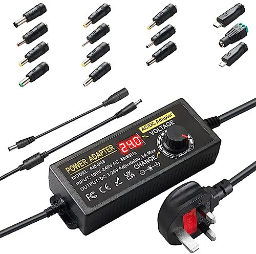 Adjustable Power Supply Adapter 3V~24V 6A 144W, Universal AC/DC Adapter DC 3V 5V 8V 12V 15V 18V 20V 24V,100V-240V AC to DC Converter with 14 Tips & Polarity Cable for Led Strips,LCD Monitors
