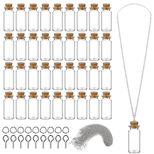 Sawysine 50 Pcs 10 ml Mini Glass Bottles Jars with Cork Mini Potion Bottles 50 Pcs Link Necklace Chain with Lobster Clasps Jewelry Chain 100 Pcs Eye Screws 100 Rings for Bead DIY Crafts Pendant Making
