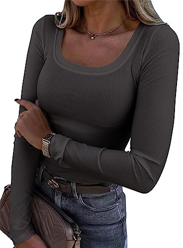 Smile Fish Womens Long Sleeve Scoop Neck Ribbed Knit Fitted Casual Tops Tee Slim Basic Shirts, Charcoal S