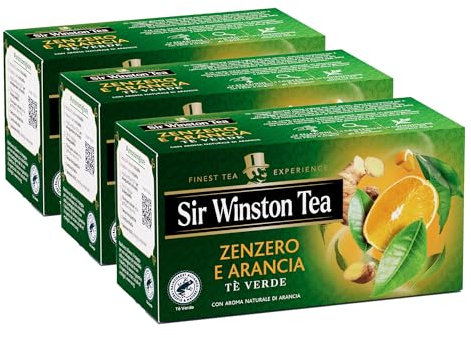 Sir Winston Tea, Tè Verde Zenzero e Arancia, 60 Filtri (3 Confezioni da 20 Filtri), Gusto Speziato e Agrumato, Certificato RFA, Senza Lattosio, Glutine e Allergeni, Vegan