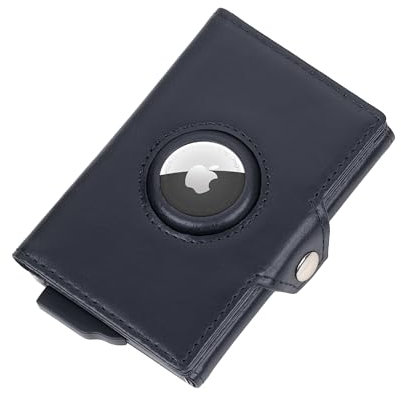 TROIKA Kartenetui mit Aussparung für Apple AirTag® – Mens SMART Wallet – Kartenfach passend für bis zu 7 Karten mit Schiebemechanismus – Schlüsselfach – Banknotenfach – Leder – schwarz Original