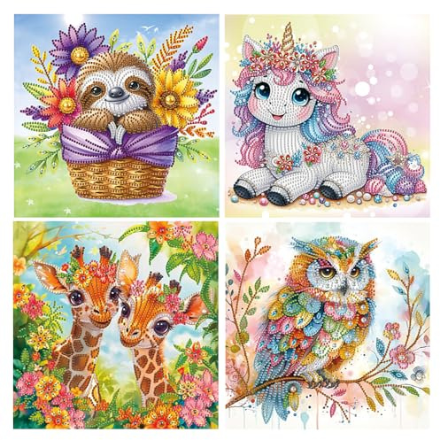 DCIDBEI 4 Pack Diamond Painting Strass Glitzer Special Faultiere 30x30 cm Diamond Art Malen nach Zahlen Giraffe Diamond Painting Eule Embroidery Diamant Painting Faultier Einhorn auf Leinwand Anfänger