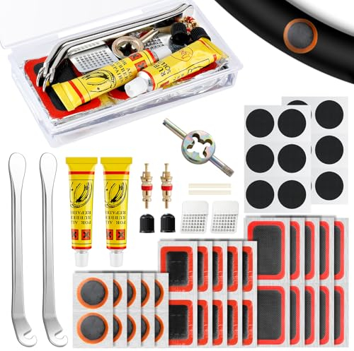 Wothfav Kit Reparation Velo, Kit Crevaison Velo, 42 Rustine Chambre a Air, Demonte Pneu Velo, Rustine Velo, Kit Reparation Pneu Velo, Kit de Réparation pour Rustine Vélo Chambre a Air, VTT, Pneu Moto