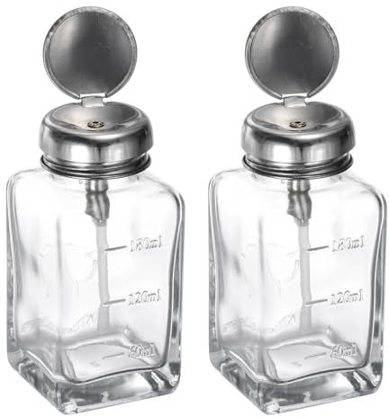 sourcing map 2PCS 6Oz / 180ML Glass Pump Dispenser Bottle Square Clear Liquid Pumping Press Push Down Alcohol Container with Metal Flip Cover for Makeup Remover