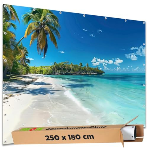 TRIOSK Sichtschutz Garten Deko Zaun Plane Blickdicht groß mit Zaunblende Motiv Südseestrand Meer Palmen Strand für Zaunelement Doppelstabmatten Stabmattenzaun Gartenzaun PVC 250x180 cm