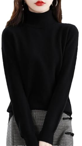 Womens 100% Merino Wool Turtleneck Sweater Long Sleeve Pullover Solid Soft Knitted Jumper Tops Black M