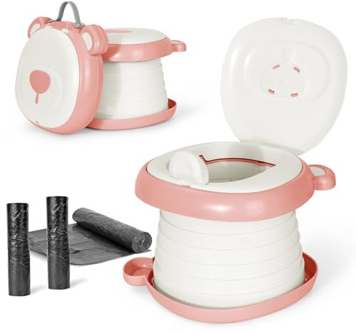 Orzbow Töpfchen für Kinder,Faltbar Töpfchen für Unterwegs mit Spritzschutz,Stärkere Unterstützung,Rutschfest und Stabil,Leichtgewicht,Keine Installation Erforderlich,Inklusive 45 Töpfchentüten, Rosa