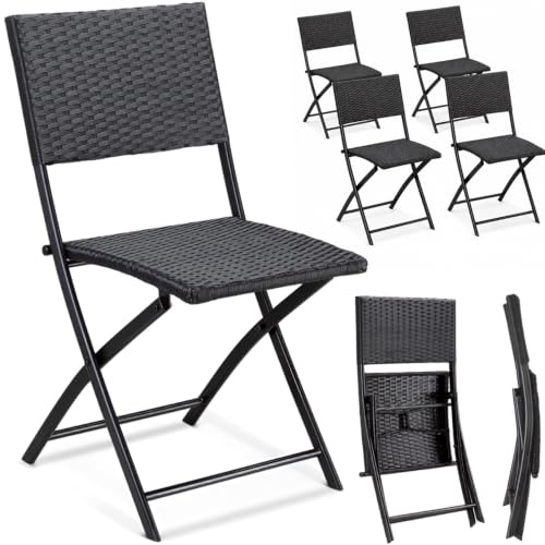 CASARIA® Garden Chairs Poly Rattan Folding Dining 4 Piece Set | Outdoor Patio Furniture | Foldable Balcony Terrace Camping Beach Bistro Conservatory Kitchen Seating | Black