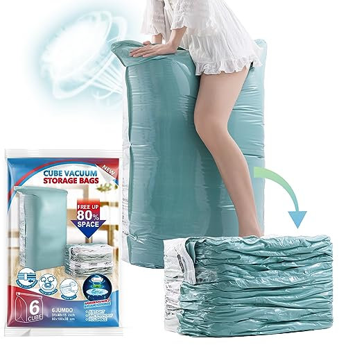 TAILI Vacuum Storage Bags 6 Pack, Aurora Green Jumbo Cube Space Saver(31x40x15 Inch), Extra Large Vacuum Bags for Bedding Comforters Blankets Duvet, Closet Organizers,Space Sealer