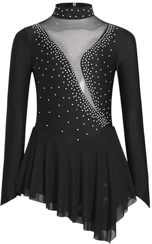 Yihuimin Enfant Fille Robe Patinage Artistique Manche Longue Justaucorps Danse Patin à Glace Ballet Strass Tenue de Spectacle Noir 13-14 Ans