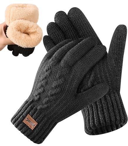 CAOZITOU Handschuhe Herren, WinterHandschuhe Damen Warme mit Fleecefutter, Alpaka Wollhandschuhen Touchscreen Thermo Thicken Stricthandschuhe (Schwarz