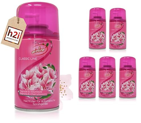 h2i Classic Line Duftspray | Magnolie & Kirschblüte | 6 Stück | 250 ml | Geruchsneutralisierer Lufterfrischer Raumduftspray Duftsprüher Raumduft-Nachfüller für automatische Duftspender