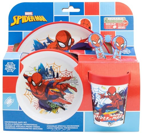 STOR Kinder Geschirrset Spider-Man mit Rutschfester Basis, Teller, Schüssel, 260ml Becher und Besteck, Mikrowellengeeignet, BPA-frei