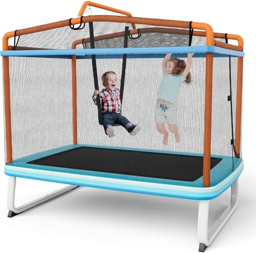 FANTASK 3 in 1 Kindertrampolin, Gartentrampolin rechteckig mit Schaukel, Reckstange