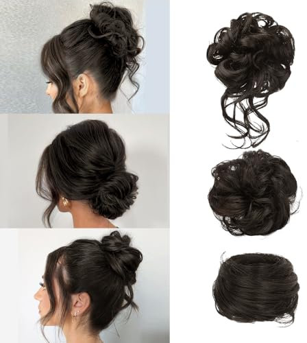 FDEETY 3 Stück Haarteil mit Gummiband Lockiges Welliges Synthetisches Messy Bun Dutt Haarteile Hochsteckfrisur Haarschmuck für Damen Haarteile für Dünnes Haar (Schwarz Braun)