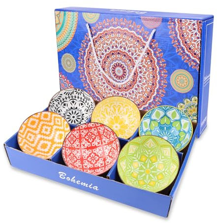 Hebaogugu 6 Sets Ceramic Serving Bowls, 300ml/10oz Bohemian Rice Bowls with Gift Box, Microwave/Dishwasher Safe, Small Bowls for Ice Cream, Cereal, Soup, Snacks(Blue Box)