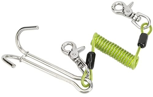 Gancho doble de arrecife de acero inox 316 con cuerda espiral 1m (verde) | Gancho de inmersión, Doble gancho de arrecife, sumergible, para BCD y fijación bajo el agua