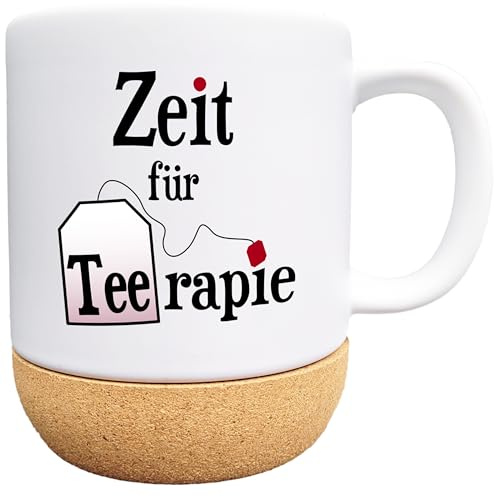Therapie Tasse mit Spruch „Zeit für Teerapie“- Teetasse mit Korksockel und Deckel – Witziges Therapie Geschenk - Therapeutin, Therapeut, Teeliebhaber - Abschied, Dankeschön, Weihnachten, Geburtstag