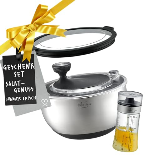 SILBERTHAL Salatschleuder Edelstahl mit Deckel 4,7 L mit Dressingshaker Glas 350ml im Set zum Servieren und Anrichten zu Festen und Partys - Hochwertiges Geschenkset