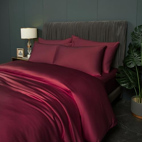 DXHOME Bettwäsche Sommer 200x200cm Rot Weinrot Uni Glatt Bambus Bettwäsche-Set Kühlende Weiche Kuschelig und Atmungsaktiv Deckenbezug Luxus Bettbezug mit Reißverschluss und 2 Kissenbezüge 80x80cm