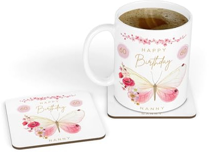 Personalised Mug & Coaster - Birthday Butterflies Design Gift for Her Women 18th 21st 30th 40th 50th 60th 65th 70th 80th Mum Nan