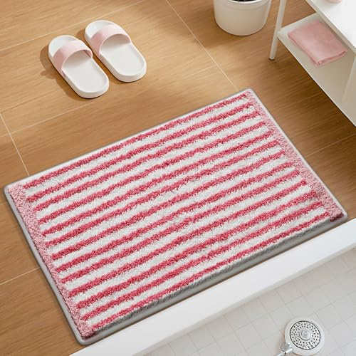Bath Mat Rosa Gestreift Weiß Badezimmerteppich Mikrofaser Badematte Langlebig rutschfest Badmatte Schnelltrocknend Badvorleger Verdicken Badteppich Waschbar Badeteppich Bathroom Mat 50x80cm