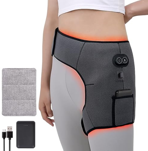 Cordless Hip Heating Pad for Sciatica Pain Relief, Heated Hip Brace with 3 Heat Levels and 3 Vibration Massage Modes, 5000mAh Power Bank Included, Portable Heated Hip Wrap for Women, Men (Grey)