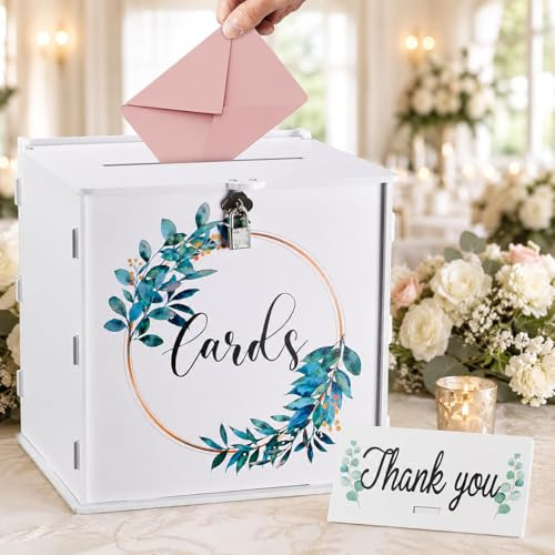 Otopone Wedding Card Box with Lock, White Wedding Post Box, Decorative Card Box for Wedding Reception, Bridal Shower, Baby Shower and Birthday Party