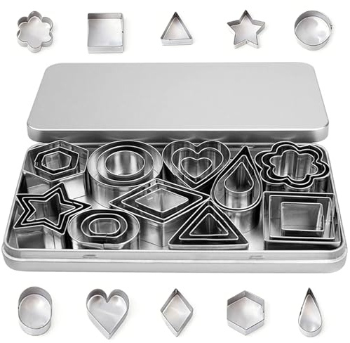 BondEron 30 Stück Ausstechformen Edelstahl Keksausstecher Set verschiedene geometrische Formen mit Metallbox Aufbewahrung Zubehör für Kekse Fondant und Backen Silber