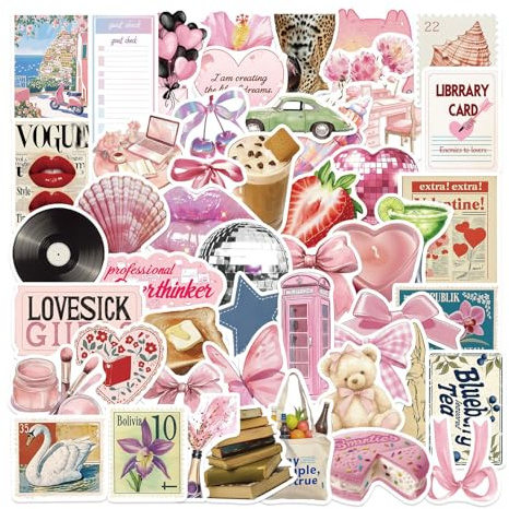 100pcs Pink Aesthetic Stickers Vinyl Coquette Stickers Pack Waterproof Pink Stickers for Girls, Aesthetic Decals Stickers for Laptop,Water Bottles, Scrapbook,Phone,Cute Stickers for Women Teens Gifts