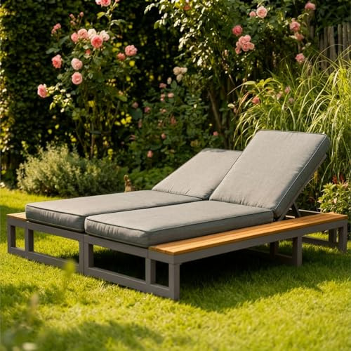KOMHTOM Chaise Longue Exterieur, Lit de Repos Jardin, Dossier Reglable 4 Positions, Coussins Impermeables, Tablette Bois Composite, Bain de Soleil, pour Terrasse Piscine (Gris-2)