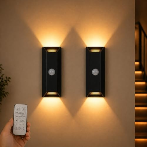zenlavia LED Wandleuchte Innen Kabellos, 2er Set Wandlampe Akku mit Bewegungsmelder & Fernbedienung, Up and Down Wandbeleuchtung Schwarz, Nachtlicht ohne Stromanschluss für Flur, Schlafzimmer