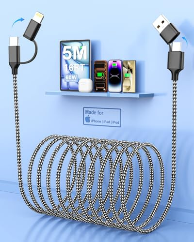 Quanlex 5M iPhone Ladekabel, MFi Lightning Kabel USB-C USB-A | 5M MFi Lightning Kabel / USB-C USB-A / 4 in 1 Ladekabel / Für iPhone iPad AirPods / Schnellladen