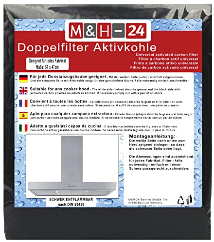 M&H-24 Filter Dunstabzugshaube Aktivkohle + Fettfilter Zuschneidbar - Aktiv-Kohlefilter für Abzugshaube Dunstabzug 60cm Dunstfilter Universal 57 x 47 cm Schwarz