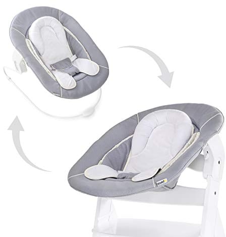 hauck 2in1 Babywippe & Neugeborenenaufsatz für Alpha+ & Beta+ Holzhochstuhl Alpha Bouncer 2in1, für Babys ab Geburt bis 9 kg, mit 3-Punkt-Hüftgurt, Sitzverkleinerer und Wippgestell (Stretch Grey)