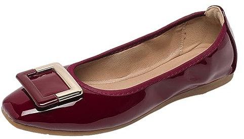 ANUFER Women's Soft Ballet Flats Square Toe Slip-On Walking Shoes Burgundy DX2830 UK6