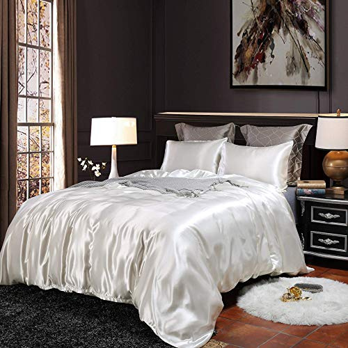 Loussiesd Hotel White Comforter Cover King Silk Like Satin Bedding Set Summer Reversible Quilt Duvet Cover Honeymoon Sexy Luxury Soft Lightweight Brushed Bedspreads for Farmhouse Room Decor