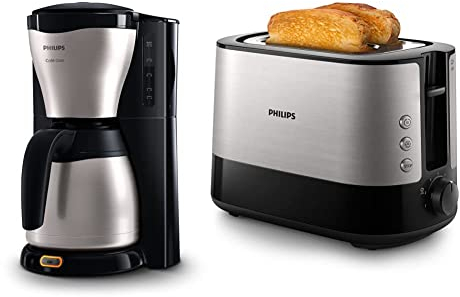 Philips HD7546/20 Gaia Filter-Kaffeemaschine mit Thermo-Kanne, schwarz/metall & HD2637/90 Toaster, Kunststoff, Schwarz/Edelstahl