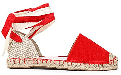 Sandali Bassi in Tessuto con Fondo in Corda e Allacciatura alla Schiava Rosso 37