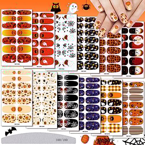 EBANKU 12 Sheets Halloween Nail Polish Stickers Full Wrap Strips, Art Decal Self-Adhesive Wraps With Bats Skulls Spiders Ghosts and File