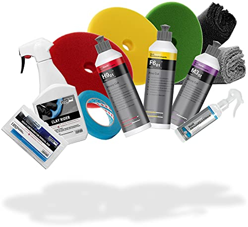detailmate Auto Politur Set: KochChemie Polituren 250 ml + KochChemie Allround Quick Shine + ValetPRO Clay Rider 500 ml + Reinigungsknete + Politurpads + Zubehör