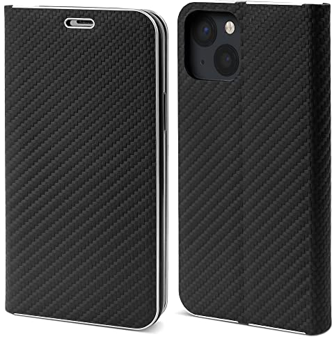 Moozy Hülle für iPhone 13 / iPhone 14, Schwarz Carbon – Metallischer Kantenschutz Klapphülle Handyhülle mit Kartenfach und Standfunktion