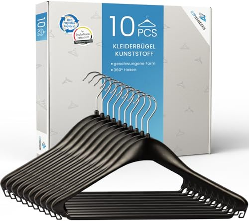 RSR Hangers Kleiderbügel aus Kunststoff 10 Stück F 44 cm schwarz | Jackenbügel | Sakkobügel | Hemdenbügel | 360° drehbarer Haken | mit Hosensteg und Rockhäckchen