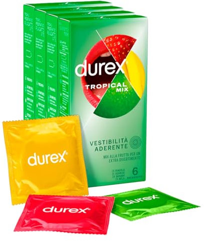 24 Preservativi Durex Tropical Mix Aromatizzati alla Frutta Gusti Arancia Banana Fragola e Mela Lubrificati con Serbatoio Realizzati in Lattice di Gomma Naturale - Confezione da 24 Profilattici