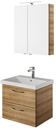 Lomadox Bad Waschplatz Set, 60cm breit, in Riviera Eiche Nb., B/H/T ca. 60/200/45 cm