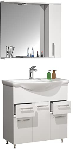 VCM 3-TLG. Waschplatz | Waschtisch Unterschrank 75 cm | Badmöbel Set mit Waschbecken | praktische Schubladen Drehtüren | Spiegelschrank | Komplettset Lisalo XL