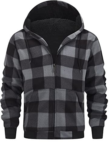 onedog Kariertes Fleecejacke Herren Hoodie Kapuzenpullover für Herren Full Zip Sherpa Fleece Kapuzenjacke Herren Winterjacke Fleece Jacke Outdoor Freizeitjacke für doppelte Wärmeschicht(Grau-L)