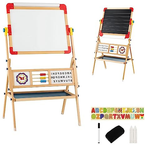 LIFEZEAL Staffelei Kinder Set 360°drehbar, Doppelseitige Tafel Kinder aus Holz, Magnettafel Spieltafel mit Papierrolle Abakus Alphabet, Schultafel Kinder ab 3 jahren