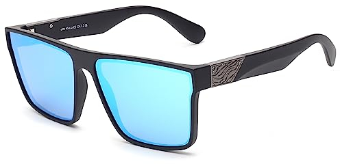 JIM HALO Retro Polarisierte Sonnenbrille Männer Frauen, Flache Top Quadratisch Fahrbrille UV400 Schwarzer Spiegel Blau