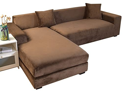 GUYIRT Strecken Sofabezug L Form Samt, L Form Sofa überzug 2 Stück Couchbezug L Form Weicher Möbelschutz Mit Elastischem Boden Für Hunde Und Katzen -braun-3+3 Sitzer
